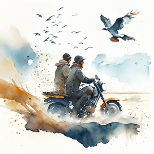 A couple on an off-road motorcycle is riding along the beach,with birds
