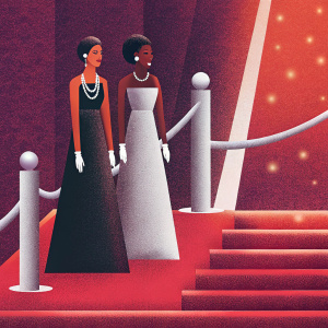 Alba Flores and Ana Villa, both in elegant evening wear, at the glamorous award show. Ana in black gown adorned with a statement crystal necklace, Alba with flawless makeup and poised stance. The setting is a dimly lit ballroom with minimalistic decor.