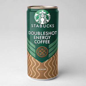 Packaging design for Starbucks Doubleshot Energy Coffee. Green and brown color scheme, featuring the Starbucks logo prominently. Nutritional information and calorie count clearly displayed. Design highlights premium coffee blend and energy-boosting properties. Warm and inviting aesthetic.