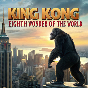 Movie poster for King Kong. The tagline 'Eighth Wonder of the World' prominently displayed in bold, golden letters. Vibrant and eye-catching design.