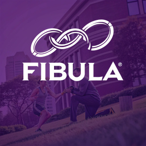 Logo for Fibula, brand name in bold sans-serif font. Icon featuring two interlocking rings. Vibrant purple background, lighter text color.