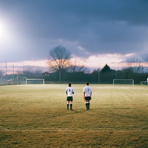 Christian Eriksen and Son Heung-min, wearing Tottenham Hotspur jerseys, on an empty soccer field at dawn.