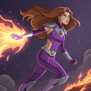 Illustration of Starfire, a vibrant superheroine with brown hair and green eyes, clad in futuristic purple and metallic attire. Against a dark backdrop, she exudes fiery energy. Dynamic and vividly colored scene.