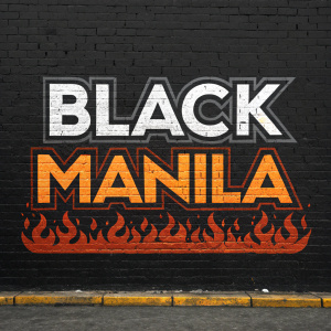 Black Manila's brand logo. Simple yet striking design featuring bold grayscale letters with fiery orange accents on a black backdrop. Graffiti-inspired typography and color contrast make it stand out.