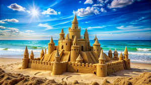 Sandcastle with multiple turrets and a moat, set against a sparkling blue sea || summer, sandcastle, beach, vacation, travel, holiday, childhood, play, sea, sunny, golden sand, fun, kids, happiness, turrets, creative, moat, ocean, leisure, outdoors