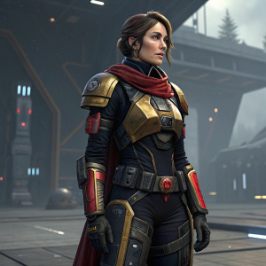 Lena Lein, protagonist from Quantum Quest, dressed in armor with black, gold, and red accents, standing confidently. Grey sci-fi backdrop