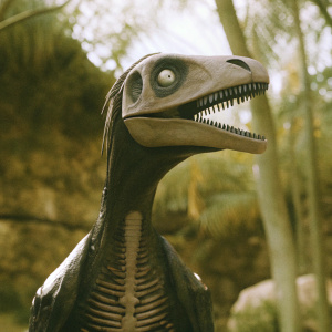 Digital artwork featuring Tina, a Velociraptor. Detailed anatomy including skull and teeth. Created by 3D artist Albert Padilla. Set against a prehistoric backdrop with a purple tint.
