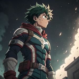 Screenshot from My Hero Academia anime. Intense facial expression. Dark background, hero standing with dramatic pose