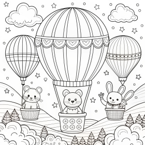 coloring page for Hot Air Balloon Ride: The Cozy Friends take a hot air balloon ride over the landscape. white background 