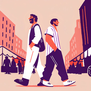 Lionel Messi and Mauro Icardi, both in casual wear, walking through crowded city street. Background: busy metropolitan scene