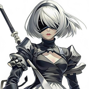 2B from nier automata in black dress with black visor on her eyes (eyes must not be seen) handling a katana 