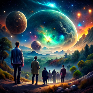 a group of people staring far into the universe. the sky is full of planets, and where the people are standing is full of very green grass, trees and vegetation. You can see sparking stars from far away and the people give a feeling of community and unity in this new era.