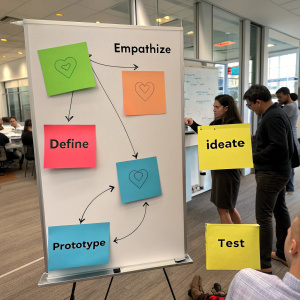 A creative workflow diagram featuring five phases: Empathize, Define, Ideate, Prototype, and Test.