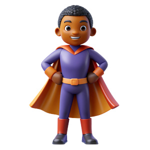 Full body portrait, Brave heroic and powerful superhero, dark skin kid wearing a cape. isolatet transparent background