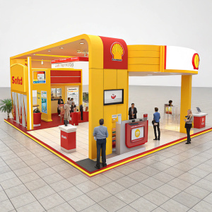 Shell Helix's vibrant booth at the trade show. Bright yellow and red colors, interactive screens, kiosks, and professional staff. Structured layout with tiled floors, digital 3D rendering.