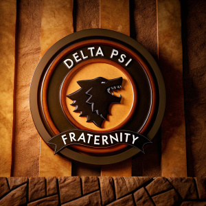 The Delta Psi Fraternity emblem showcases a fierce wolf silhouette against a rustic, textured backdrop with modern, bold typography.