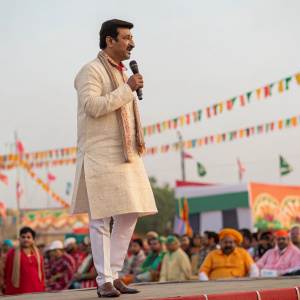 Minister Rajyavardhan Singh Rathore, dressed in traditional Indian attire, addressing a large gathering at a cultural festival.