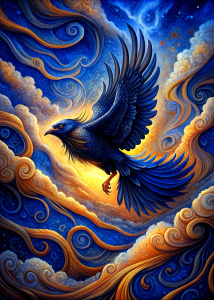 surreal drawing of beautiful raven in flight, stormy clouds, intricate background