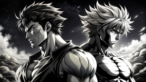 Generate a compelling black and white anime-style image featuring a muscular protagonist and a smart mastermind standing side by side in profile view. Envision the muscular character with a well-defined physique, radiating strength and intensity, while the mastermind exudes intelligence and cunning charm. Pay attention to expressive detailing of their profiles, capturing the essence of their personalities. Utilize dynamic poses, clothing details, and distinctive features to emphasize their indiv