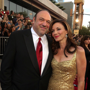 James Gandolfini and Lora Somoza at a Hollywood awards show. They wear formal attire. James in black suit, red tie. Lora in gold sequined dress. Crowd cheers