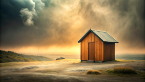 a Swedish wooden hut in a lonely landscape , very minimalistic, black background, foggy and stormy weather , style minimalistic , realistic style , wide angel photography