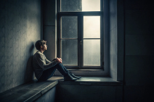 Generate an image of a person sitting alone on a window ledge, staring out into the distance with a contemplative expression, surrounded by darkness and silence, reflecting the depths of inner loneliness.