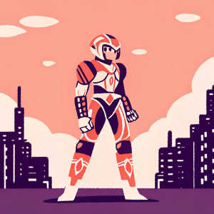 Samus Aran in action pose, futuristic armor, geometric patterns. Cityscape background