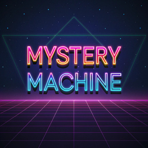 Title 'Mystery Machine' in neon style. Dark futuristic background. Digital grid overlay. Retro-futuristic aesthetic. Possible video game or digital media franchise.