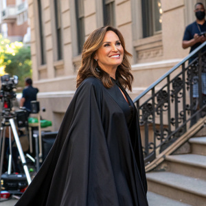 Mariska Hargitay, with a warm smile and shoulder-length, wavy brown hair, wears a black, floor-length gown. On the set of Law and Order SVU.