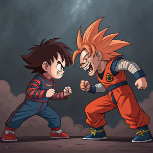 Goku and Chucky in a vivid showdown scene. Goku with an intense scowl, Chucky menacingly grinning. Dark, dramatic background with bold color contrasts. Both characters are in dynamic fighting stances.