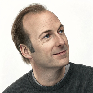 Close-up portrait of Bob Odenkirk. Caucasian male with balding hairline. Wearing a dark gray sweater. Plain white background.
