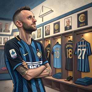 Marcelo Brozovic, midfielder for Inter Milan, posing in the locker room. The background is filled with team posters and jerseys hanging on a rack.