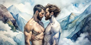 Two realistic shirtless cute slender guys in white loincloth standing on mount Olympus, hugging each other and kissing passionately