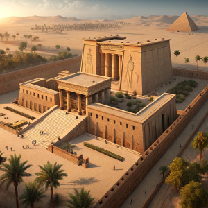 A digital 3D model of an ancient Egyptian palace. Grand entrance with towering columns, flat-roofed central structure. Warm golden-brown tones. Surrounding walls, smaller structures. Desert setting with sparse vegetation and palm trees. High detail and texture.