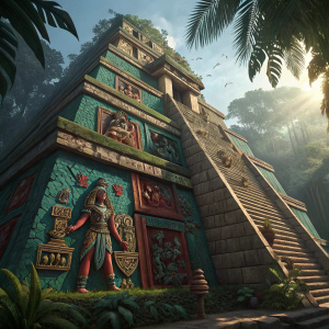 Ancient Mayan pyramid's facade. Detailed sculptures depict deities, warriors, and celestial beings. Vivid colors like turquoise, crimson, and gold. Surrounding dense jungle with sunlight filtering through the canopy.