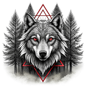 valknut runes pattern geometric symbols - wolf and trees - tattoo design - perfect realistic art - high-definition - grey and black - white background 