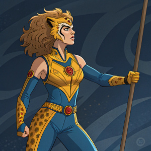 Cheetara, from ThunderCats, standing heroically. Blue and yellow outfit with intricate designs. Expressive face. Dark, stylized background