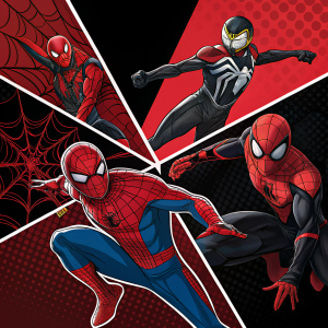 Collage featuring Marvel superheroes, including dynamic action poses of Spiderman and other characters from the Spiderman Unlimited series. Vibrant art style with bold colors and dark tones. Background is black and red, panels depict various dramatic scenes.
