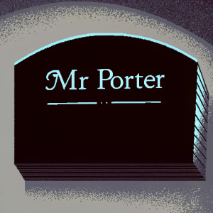 Elegant logo for Mr Porter, a men's fashion brand. Modern sans-serif font for brand name, cursive script for subtitle. Clean, professional design on light grey background.