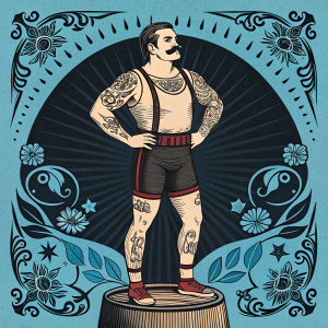 Vintage style digital poster of a strongman, mustache and tattoos. Circus Cider 7 series. Blue and black background, intricate designs. Strongman in a powerful pose.