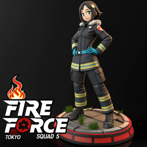 Digital illustration of Hibana from Fire Force anime. Standing confidently with a detailed costume and determined yet friendly expression. Set against a sleek black background. Rendered in high detail with a close-up focus on her features. Includes a base labeled with Tokyo and Fire Force Squad 5 logo.