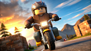 персонаж из ROBLOX в  куртке на мотоцикле в полный рост