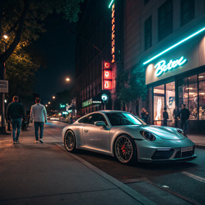 Silver Porsche 911 Carrera S parked on a city street at night. Neon lights reflect off the car's sleek body. People in casual attire walk by in the background.