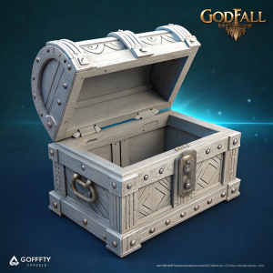 Intricate 3D digital rendering of a Godfall chest, featuring a unique design in a predominantly gray palette. The left side of the chest is open, revealing a mystical interior space, while the right side remains sealed. Dark blue background sets the scene, perfect for Godfall video game promotional art.