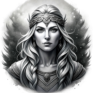 Frigg - Nordic Goddess perfect realistic art, high-definition grey and black, white background tattoo design