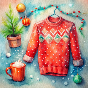 christmas jumper, red orange   patterned sweater, illustration, watercolour, snowflakes ,christmas tree,garland.mistletoe.presents , christmas mug cocoa