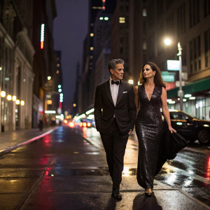 Dermot Mulroney and Tharita Catulle, dressed in elegant attire, walking down a bustling city street at night. Bright city lights reflecting off the wet pavement.
