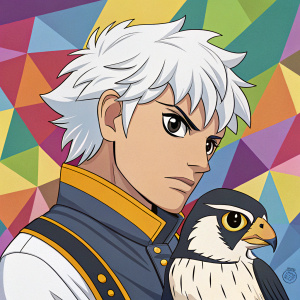Digital art of JoJo's Bizarre Adventure character. White hair, intense stare, cradling a small creature with black, white, and yellow hues. Set against a vibrant geometric pattern backdrop.