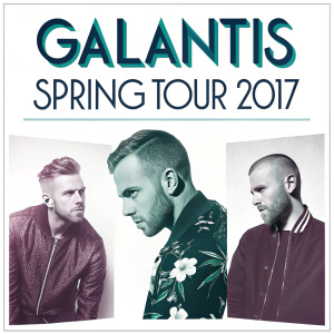 Promotional image for Galantis Spring Tour 2017. Clean, minimalist design featuring band name in bold letters. List of tour dates and venues. Close-up shots of band members in contemporary style.