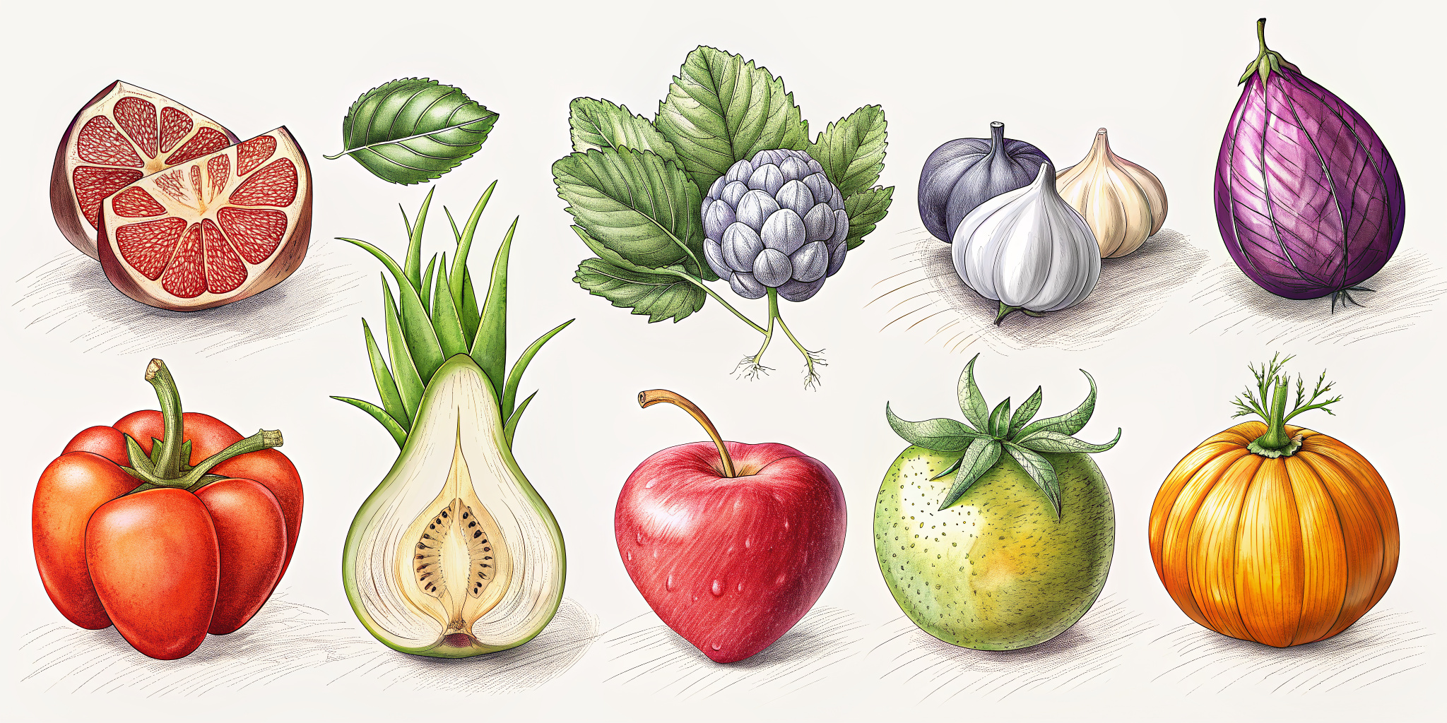 
Please refer to this design style and help me change it to other fruits and vegetables, with single colors and sketching.